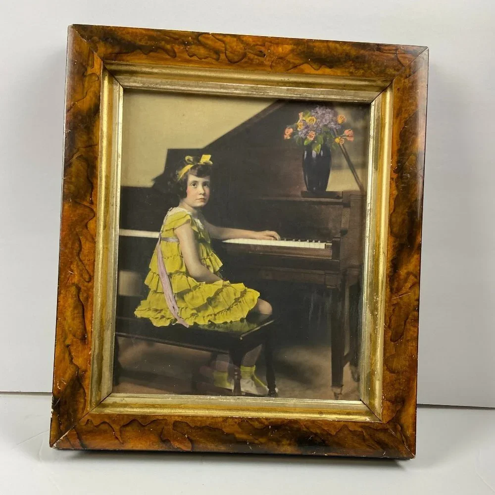 Antique Photo Girl Piano Retouching Wooden Frame12.5